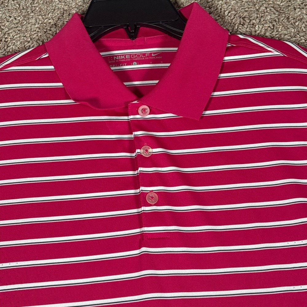 Nike Golf Mens Dri-FIT Striped Polo Shirt Pink White 381253-615 Size L
